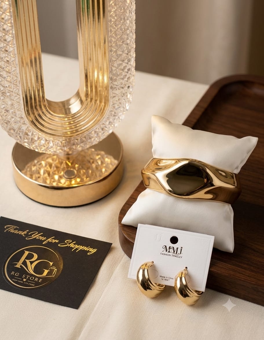Golden Statement Bracelet & Hoop Earrings Set