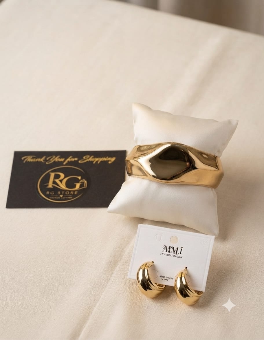 Golden Statement Bracelet & Hoop Earrings Set