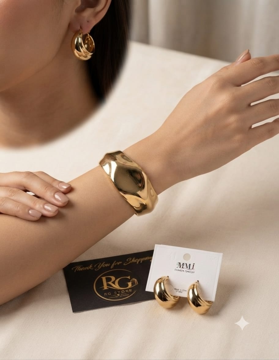 Golden Statement Bracelet & Hoop Earrings Set